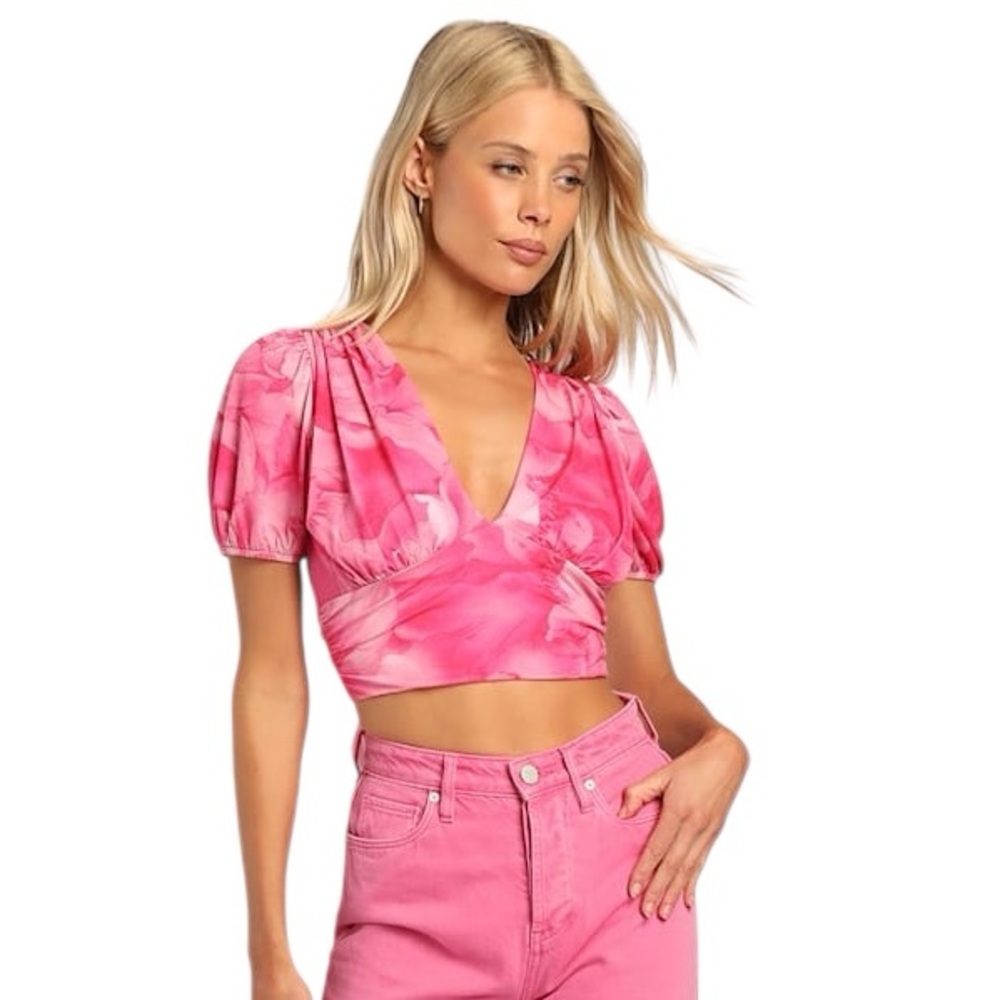 NWOT Lulu’s Something Pretty Pink Floral Print Puff Sleeve Tie-Back Crop Top - S